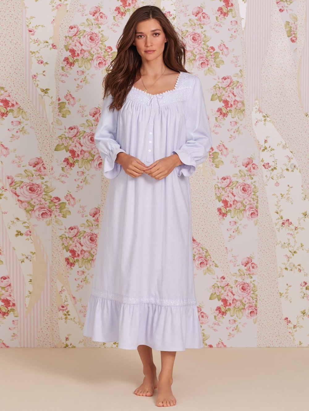 NWT Eileen West Periwinkle Heritage Cotton Flannel Embroidered Long Nightgown S
